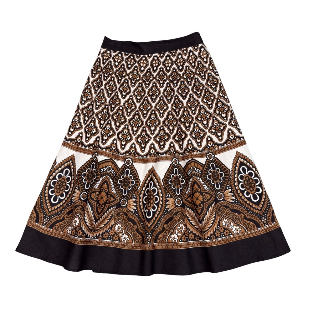 SW Black Brown White Medallion Cotton Midi Skirt Small Boho